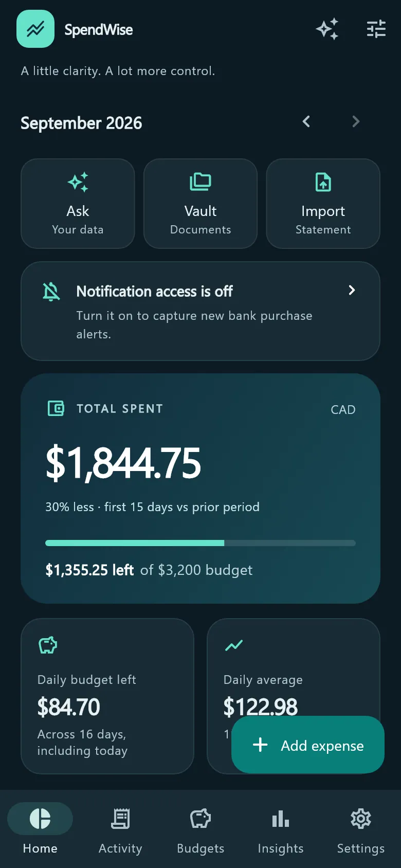 SpendWise dark mode home screen